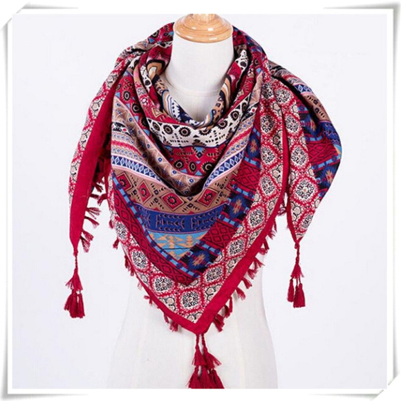 Accessories - Boho Aztec Square Scarf with Tassels in Red